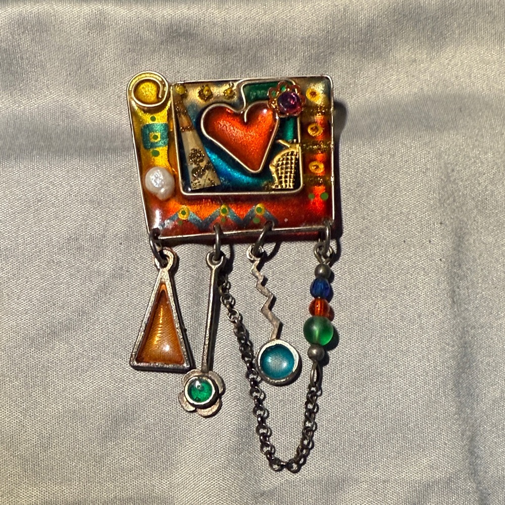 Yossi Steinberg  Enameled Colorful Artistic Brooch with Heart Design